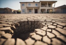 Dry, cracked earth surrounds a house with visible foundation cracks. The soil has receded, causing the foundation to sink and shift