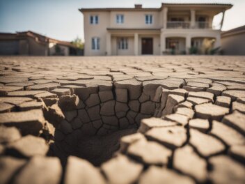 Dry, cracked earth surrounds a house with visible foundation cracks. The soil has receded, causing the foundation to sink and shift