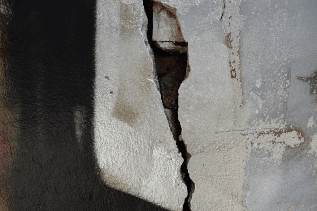 Close up of a cracked foundation wall showing signs of structural damage