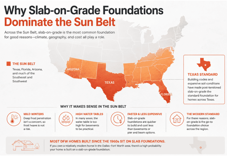 Infographic explaining why slab-on-grade foundations are common in Texas and Sun Belt states, highlighting mild winters, high water tables, lower construction costs, and Texas soil conditions.