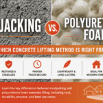 Split comparison graphic showing mudjacking and polyurethane foam concrete lifting methods with textured concrete slurry on one side and expanding foam on the other.