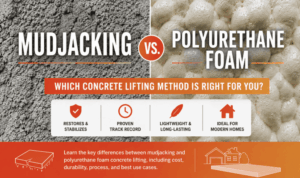 Split comparison graphic showing mudjacking and polyurethane foam concrete lifting methods with textured concrete slurry on one side and expanding foam on the other.