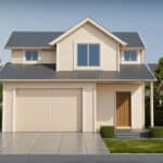 A clean, modern two-story suburban house with a level concrete driveway and a manicured lawn under a clear blue sky.