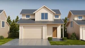 A clean, modern two-story suburban house with a level concrete driveway and a manicured lawn under a clear blue sky.