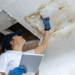 Inspector examining interior wall and ceiling damage that may point to commercial foundation problems.