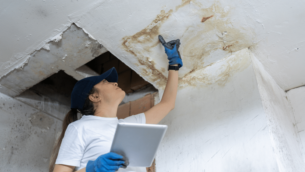 Inspector examining interior wall and ceiling damage that may point to commercial foundation problems.