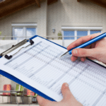 Inspector holding a checklist in front of a home during a spring foundation inspection.
