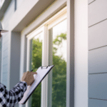 Home inspector documenting exterior wall and window alignment on a newly built house.
