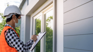 Home inspector documenting exterior wall and window alignment on a newly built house.