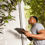 Inspector checking exterior siding and trim for signs of foundation movement near landscaping.