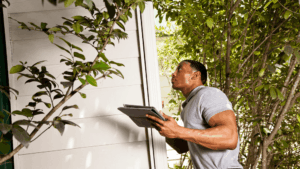 Inspector checking exterior siding and trim for signs of foundation movement near landscaping.