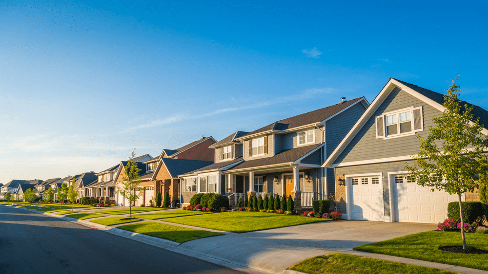 Row of well-kept suburban homes in a DFW neighborhood during spring.