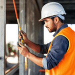 Technician measuring a structural column before foundation repair or engineering review.