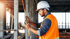 Technician measuring a structural column before foundation repair or engineering review.