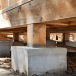 Underside of a pier and beam foundation showing concrete piers, wood posts, and support beams holding up a Texas home's floor system