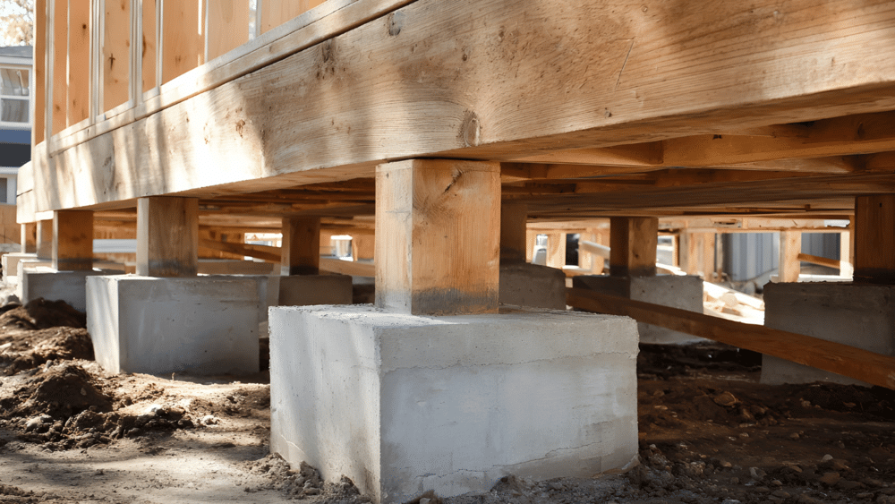 Underside of a pier and beam foundation showing concrete piers, wood posts, and support beams holding up a Texas home's floor system